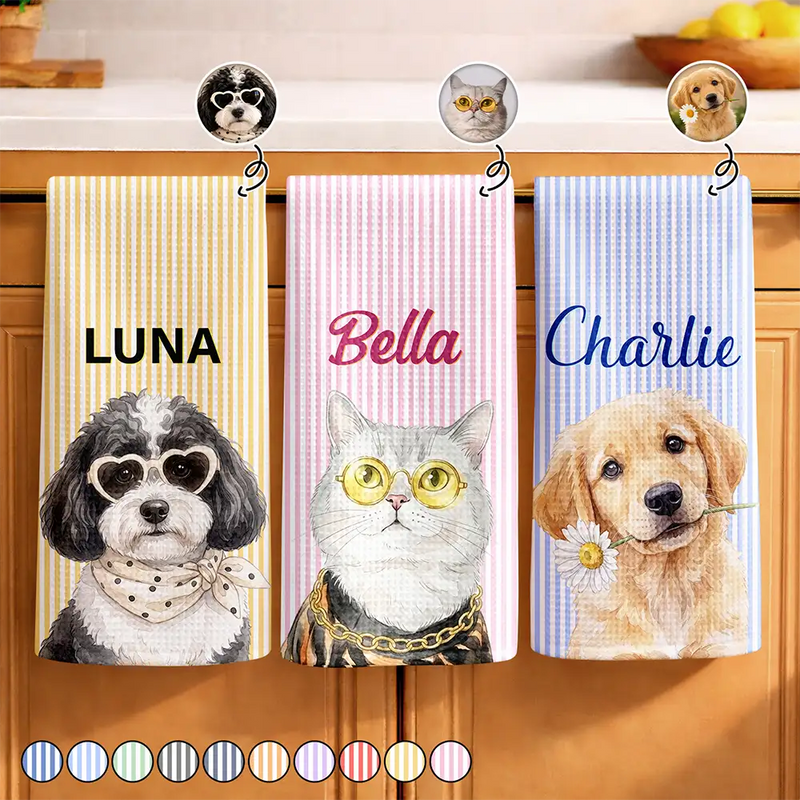 Art Design,Pet Lovers,Photo - Watercolor - Remove BG,Happy - Custom Photo Realistic Watercolor Art Dog Cat Slay Portrait Striped Pattern - Personalized Kitchen Towel