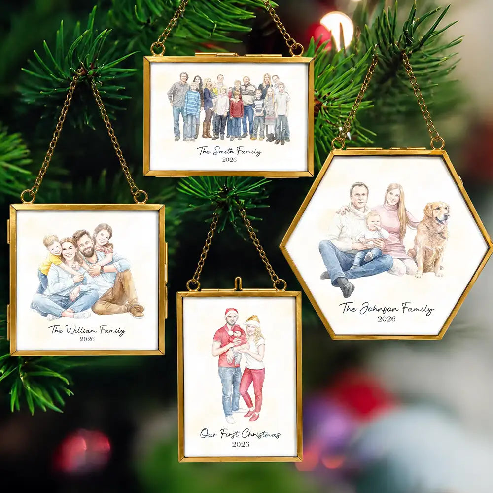 Art Design,Christmas,Family,Photo - Watercolor - Remove BG,Happy - Custom Photo Realistic Watercolor Art Family Parents Couple Pet - Personalized Metal Frame Ornament