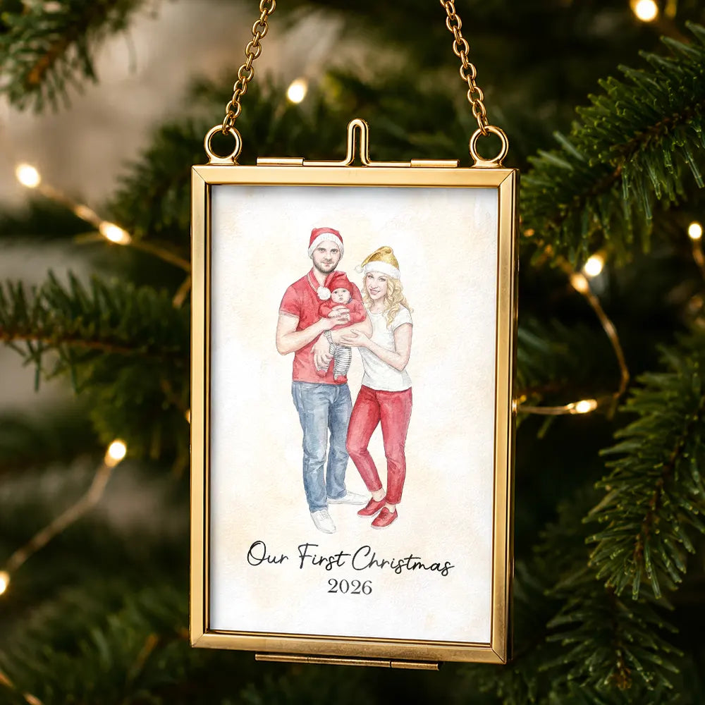Art Design,Christmas,Family,Photo - Watercolor - Remove BG,Happy - Custom Photo Realistic Watercolor Art Family Parents Couple Pet - Personalized Metal Frame Ornament