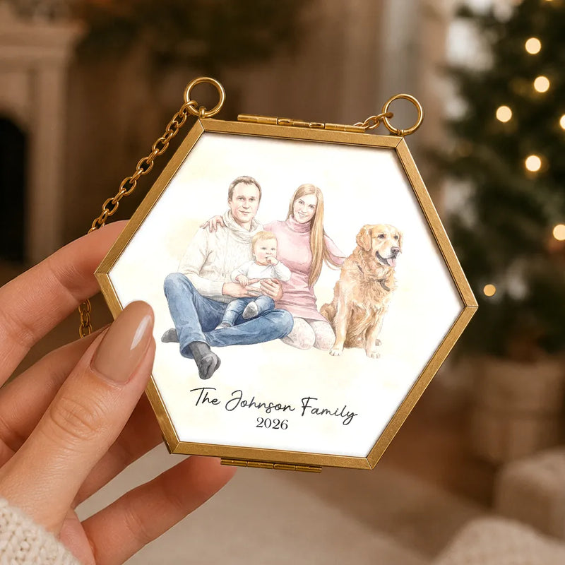 Art Design,Christmas,Family,Photo - Watercolor - Remove BG,Happy - Custom Photo Realistic Watercolor Art Family Parents Couple Pet - Personalized Metal Frame Ornament