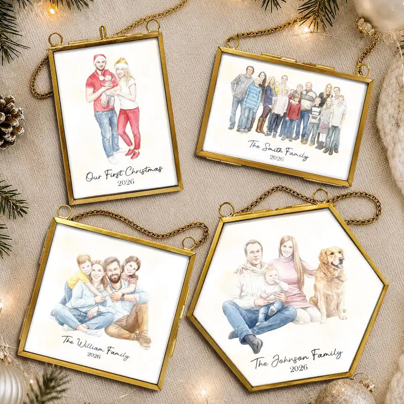 Art Design,Christmas,Family,Photo - Watercolor - Remove BG,Happy - Custom Photo Realistic Watercolor Art Family Parents Couple Pet - Personalized Metal Frame Ornament