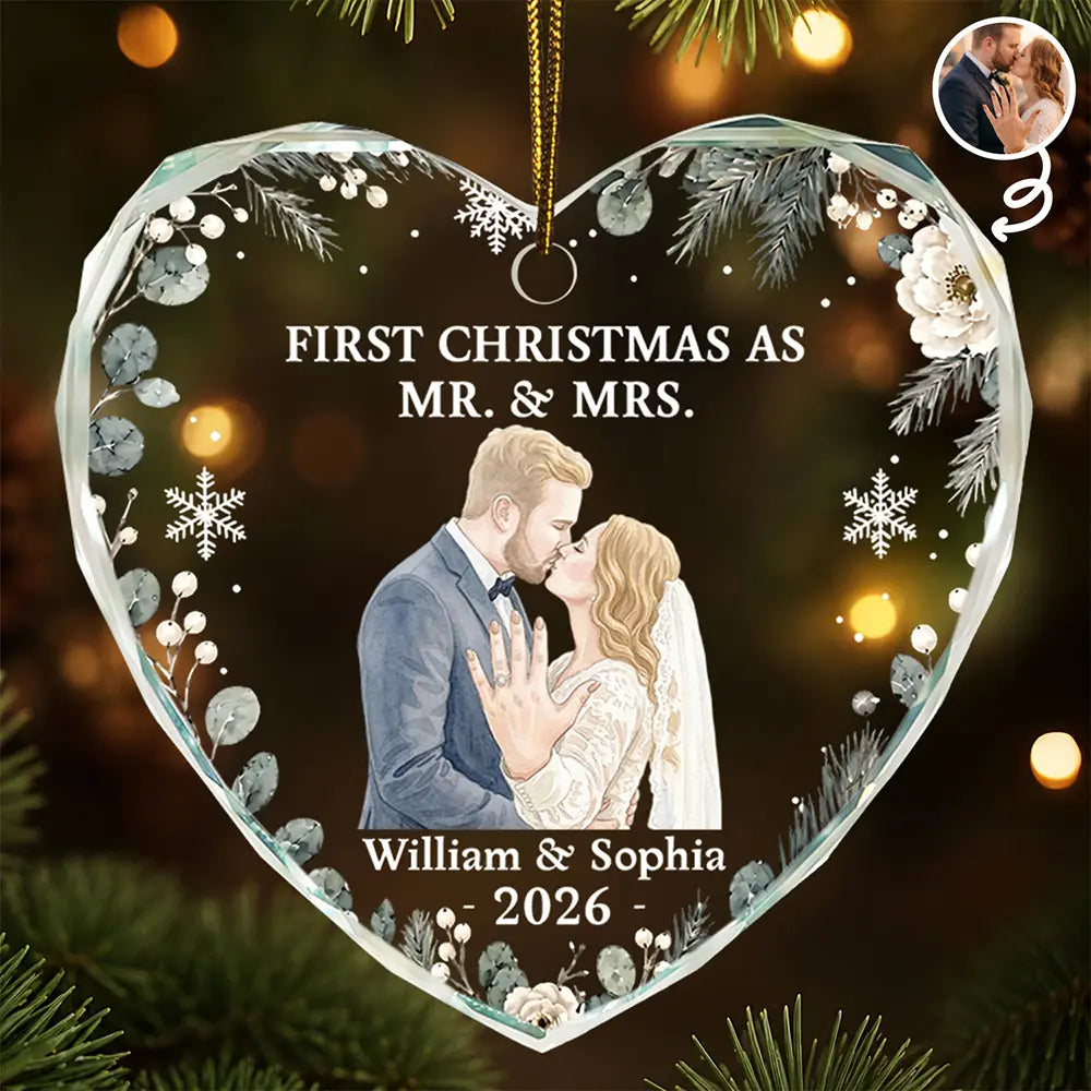 Art Design,Christmas,Married Couple,Romantic,Gift For Couples,Photo - Watercolor - Remove BG - Custom Photo Realistic Watercolor Art First Christmas Married Romantic Couple - Personalized Heart Shaped Glass Ornament