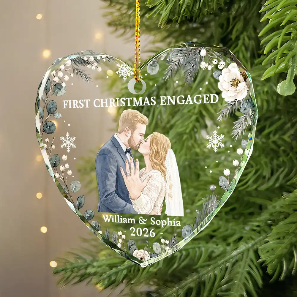 Art Design,Christmas,Married Couple,Romantic,Gift For Couples,Photo - Watercolor - Remove BG - Custom Photo Realistic Watercolor Art First Christmas Married Romantic Couple - Personalized Heart Shaped Glass Ornament