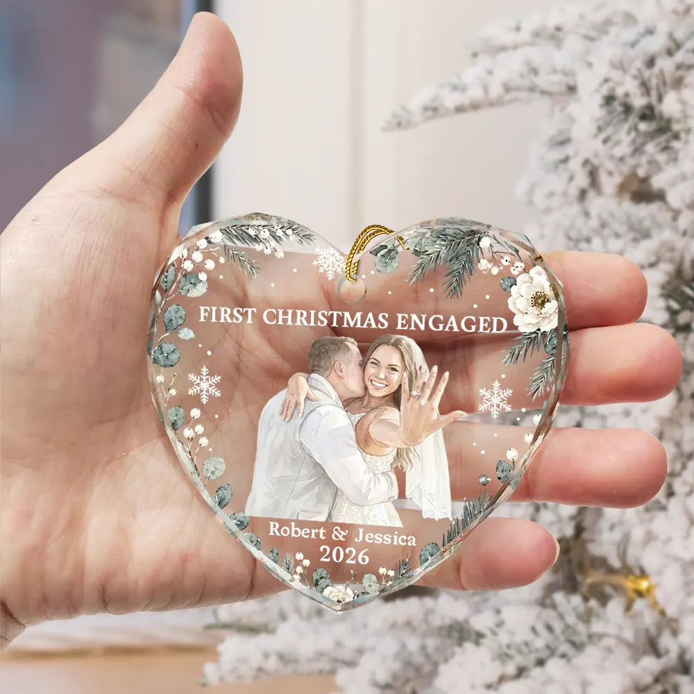 Art Design,Christmas,Married Couple,Romantic,Gift For Couples,Photo - Watercolor - Remove BG - Custom Photo Realistic Watercolor Art First Christmas Married Romantic Couple - Personalized Heart Shaped Glass Ornament