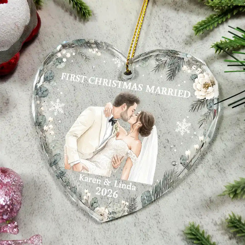Art Design,Christmas,Married Couple,Romantic,Gift For Couples,Photo - Watercolor - Remove BG - Custom Photo Realistic Watercolor Art First Christmas Married Romantic Couple - Personalized Heart Shaped Glass Ornament