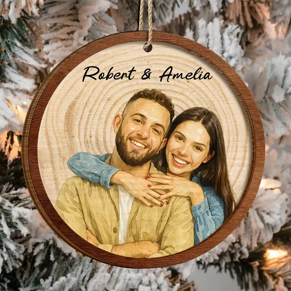 Love, Gift For Couples, Gift For Husband, Gift For Wife, Gift For Boyfriend, Gift For Girlfriend - Custom Photo Realistic Watercolor Art Happy Couple - Personalized 2-Layered Wooden Ornament