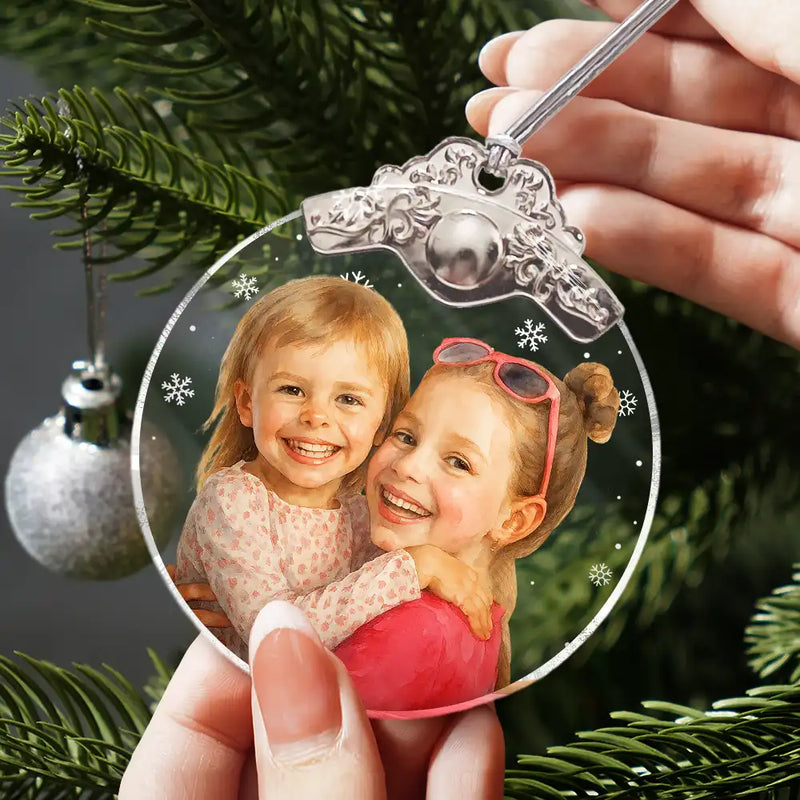 Happy,Christmas,Family,Gift For Kids,Gift For Grandkids,Gift For Grandparents,Parents - Custom Photo Realistic Watercolor Art Happy Kid - Personalized Glass Ornament With Silver Cap