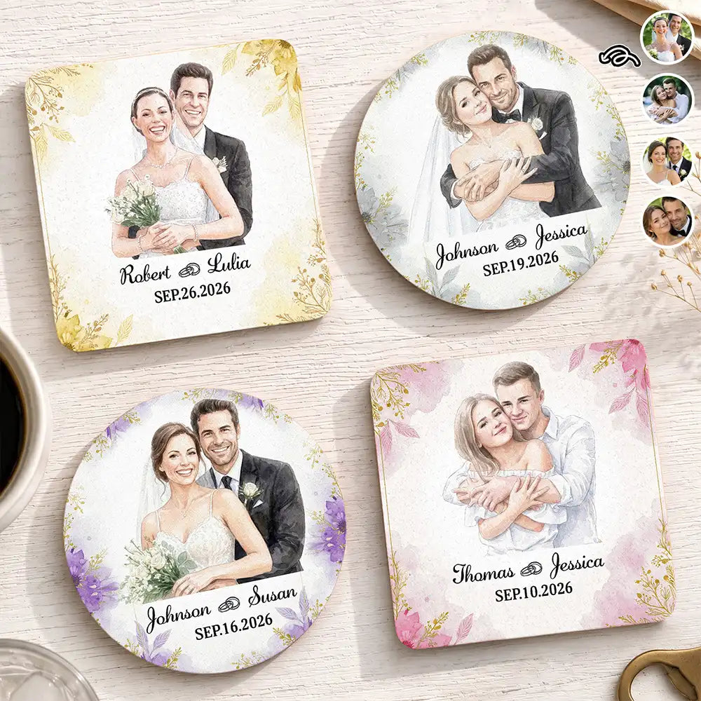 Custom Photo Realistic Watercolor Art Happy Wedding Couple Romantic - Personalized Cork Coaster