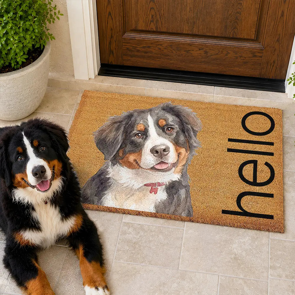 Art Design,Pet Lovers,Photo - Watercolor - Remove BG,Happy - Custom Photo Realistic Watercolor Art Hello Welcome Lovely Pet Portrait - Personalized Coconut Doormat