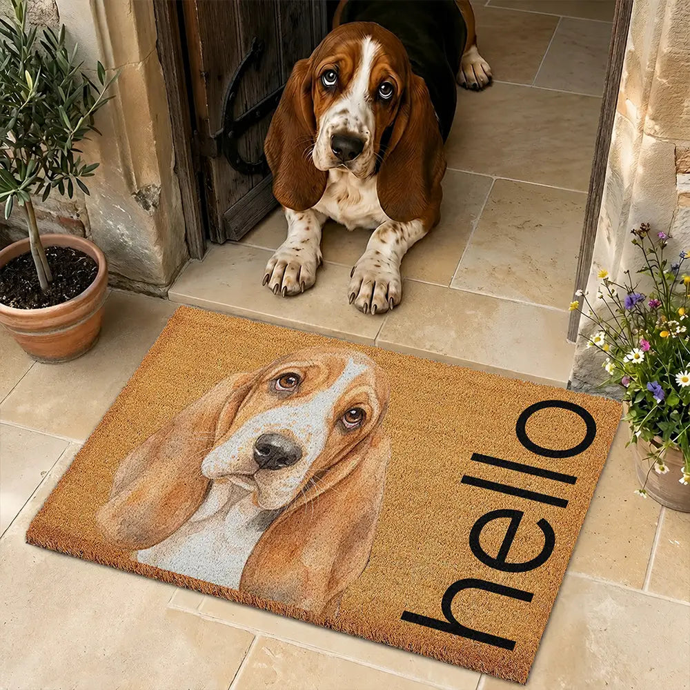 Art Design,Pet Lovers,Photo - Watercolor - Remove BG,Happy - Custom Photo Realistic Watercolor Art Hello Welcome Lovely Pet Portrait - Personalized Coconut Doormat