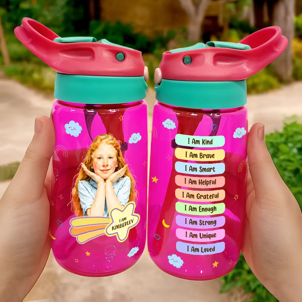 Back To School, Custom Photo, Art Design, Parents, Adorable, Photo - Watercolor - Remove BG - Custom Photo Realistic Watercolor Art I Am Affirmations - Personalized Kids Water Bottle With Straw