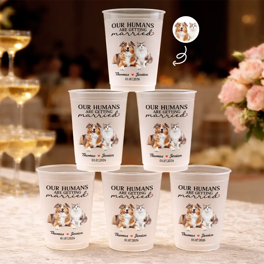Custom Photo, Art Design, Wedding Anniversary, Gift For Couples, Pet Couple, Pet Lovers, Adorable, Photo - Watercolor - Remove BG - Custom Photo Realistic Watercolor Art Our Humans Are Getting Married - Personalized Frosted Cups