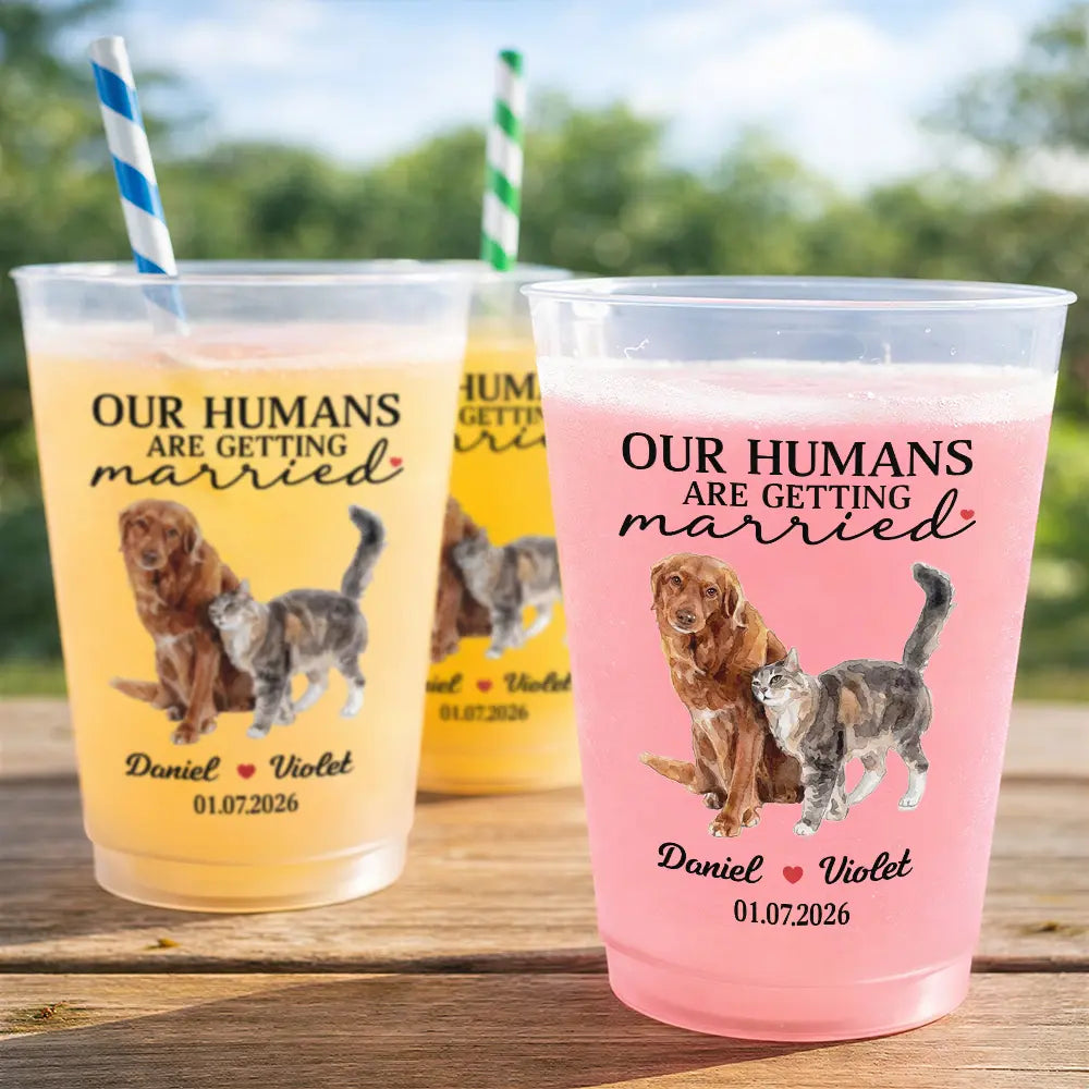 Custom Photo, Art Design, Wedding Anniversary, Gift For Couples, Pet Couple, Pet Lovers, Adorable, Photo - Watercolor - Remove BG - Custom Photo Realistic Watercolor Art Our Humans Are Getting Married - Personalized Frosted Cups