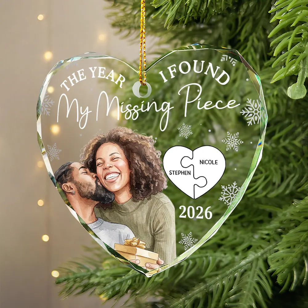 Art Design,Christmas,Romantic,Gift For Couples,Photo - Watercolor - Remove BG - Custom Photo Realistic Watercolor Art The Year I Found My Missing Piece Couples - Personalized Heart Shaped Glass Ornament