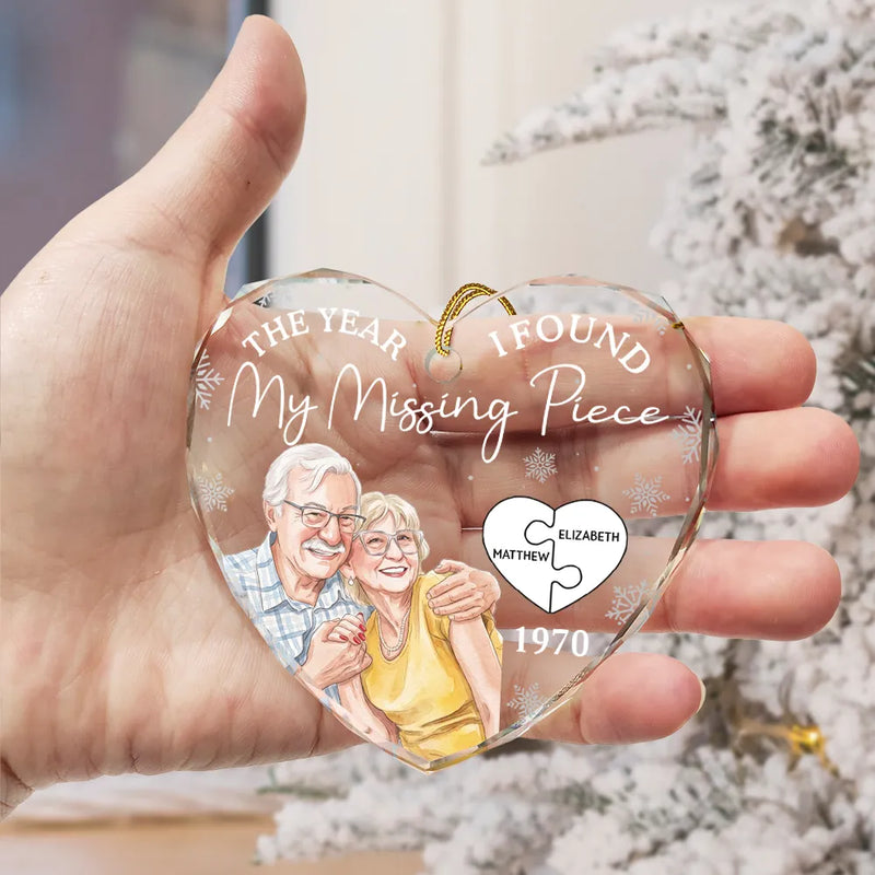 Art Design,Christmas,Romantic,Gift For Couples,Photo - Watercolor - Remove BG - Custom Photo Realistic Watercolor Art The Year I Found My Missing Piece Couples - Personalized Heart Shaped Glass Ornament