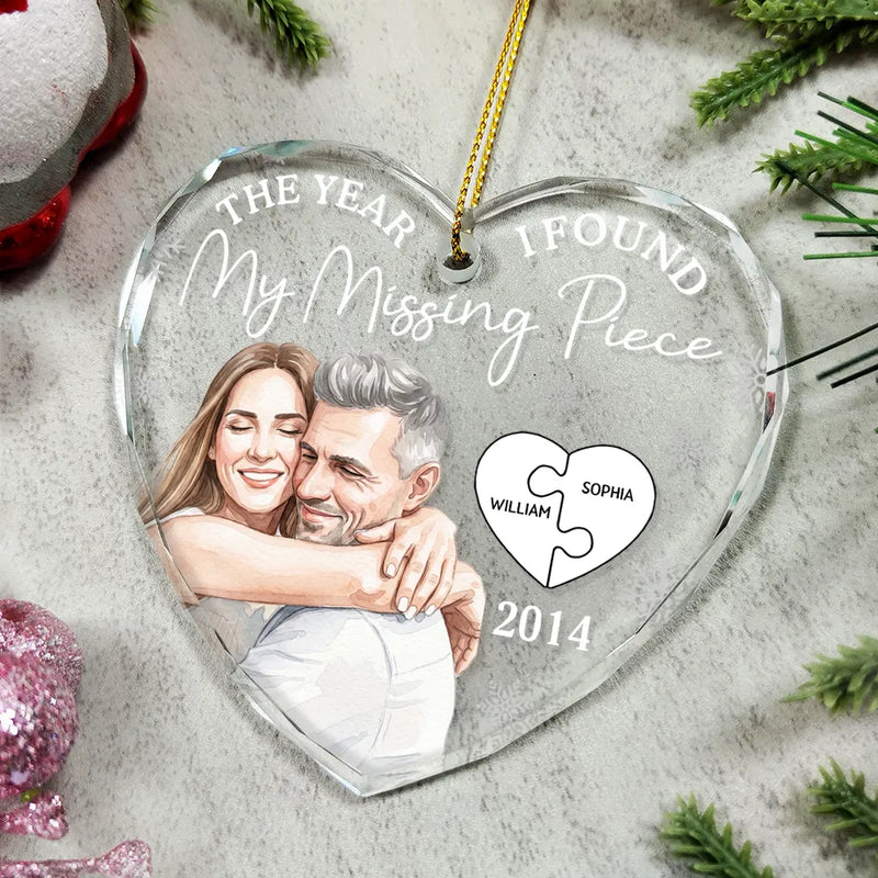 Art Design,Christmas,Romantic,Gift For Couples,Photo - Watercolor - Remove BG - Custom Photo Realistic Watercolor Art The Year I Found My Missing Piece Couples - Personalized Heart Shaped Glass Ornament