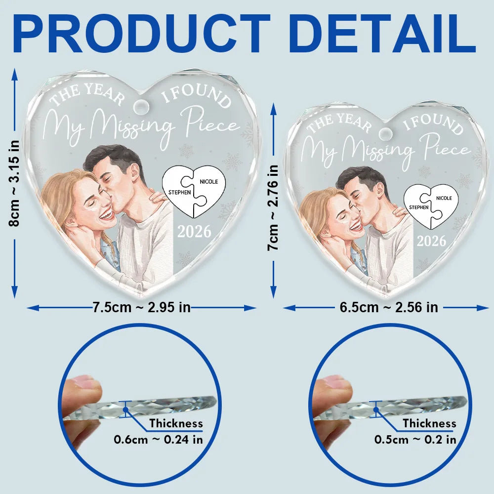 Art Design,Christmas,Romantic,Gift For Couples,Photo - Watercolor - Remove BG - Custom Photo Realistic Watercolor Art The Year I Found My Missing Piece Couples - Personalized Heart Shaped Glass Ornament