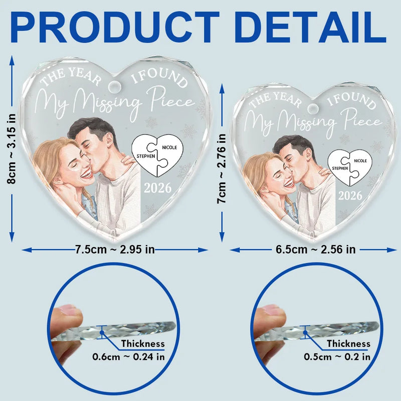 Art Design,Christmas,Romantic,Gift For Couples,Photo - Watercolor - Remove BG - Custom Photo Realistic Watercolor Art The Year I Found My Missing Piece Couples - Personalized Heart Shaped Glass Ornament