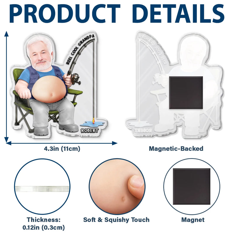 Gift For Father,Custom Photo,Fishing,Humorous,Cut-Face Photo - Custom Photo Reel Cool Dad Bod - Personalized Squishy Acrylic Fridge Magnet