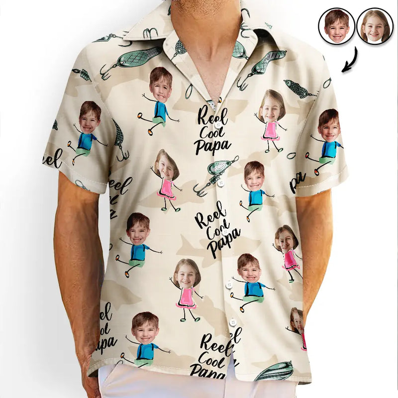 Gift For Father,Funny,Custom Photo,Fishing - Custom Photo Reel Cool Dad Dancing Kids - Personalized Hawaiian Shirt