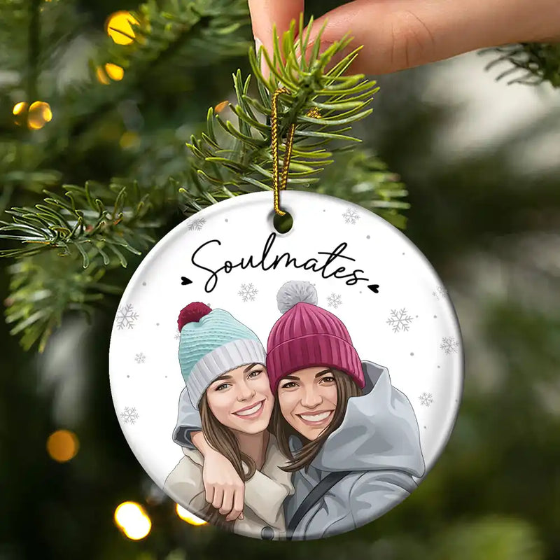 Art Design,Gift For Bestie,Christmas,Photo - Semi Realistic Portrait,Happy - Custom Photo Semi Realistic Portrait Besties Forever - Personalized Circle Ceramic Ornament