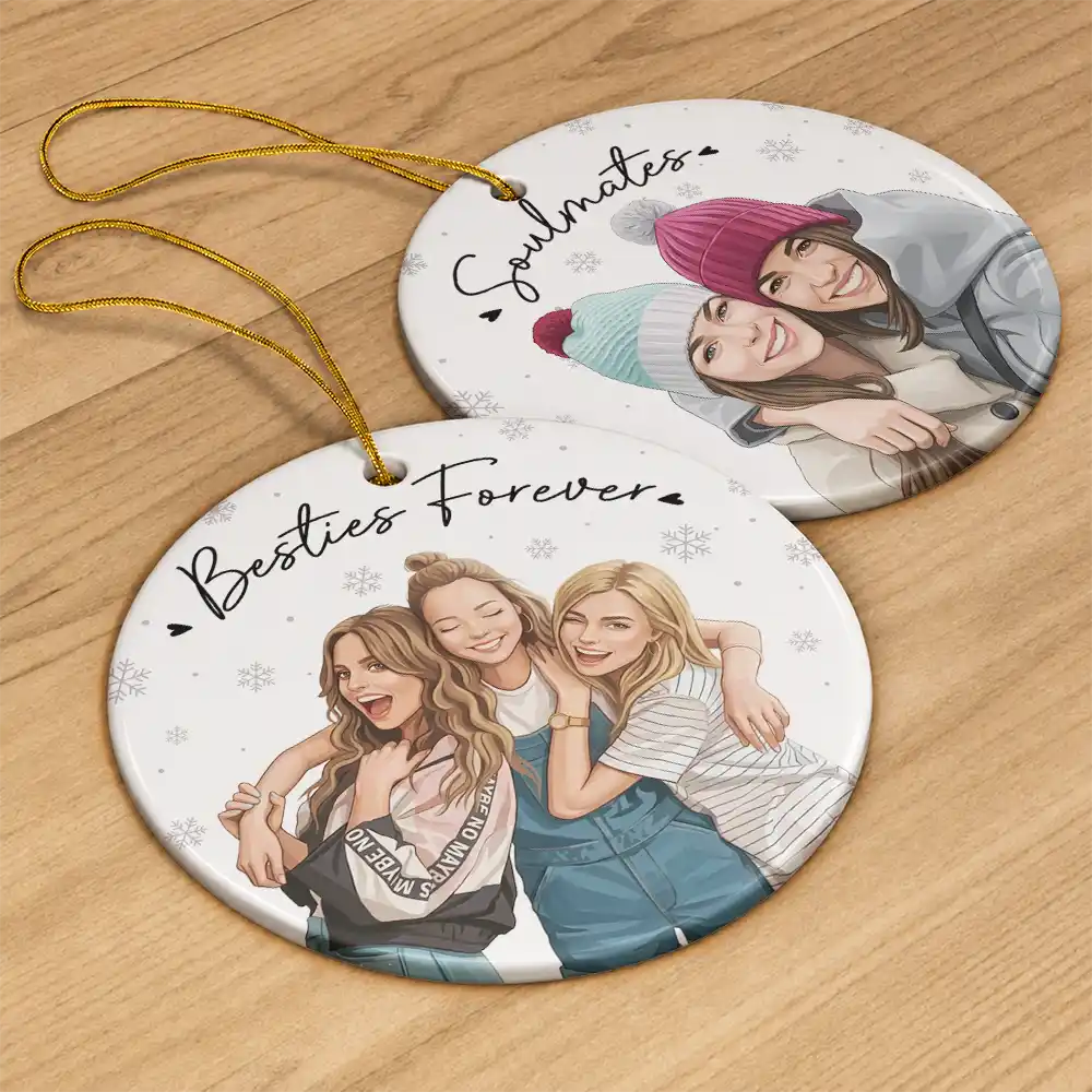 Art Design,Gift For Bestie,Christmas,Photo - Semi Realistic Portrait,Happy - Custom Photo Semi Realistic Portrait Besties Forever - Personalized Circle Ceramic Ornament