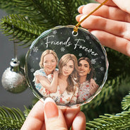 Art Design,Gift For Bestie,Christmas,Photo - Semi Realistic Portrait,Happy - Custom Photo Semi Realistic Portrait Besties Forever - Personalized Circle Glass Ornament