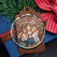 Art Design,Gift For Bestie,Christmas,Photo - Semi Realistic Portrait,Happy - Custom Photo Semi Realistic Portrait Besties Forever - Personalized Circle Glass Ornament