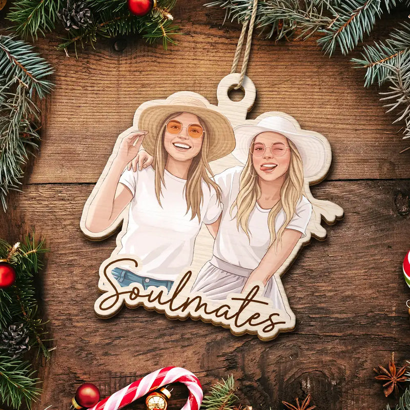 Art Design,Gift For Bestie,Christmas,Photo - Semi Realistic Portrait,Happy - Custom Photo Semi Realistic Portrait Besties Forever - Personalized Custom Shaped Wooden Ornament