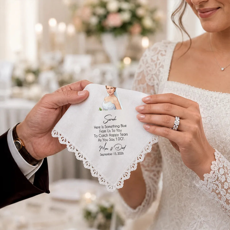 Art Design,Sentimental,Gift For Children,Gift For Daughter,Wedding,Photo - Semi Realistic Portrait,Custom Text - Custom Photo Semi Realistic Portrait Blue Wedding Bride Daughter - Personalized Handkerchief