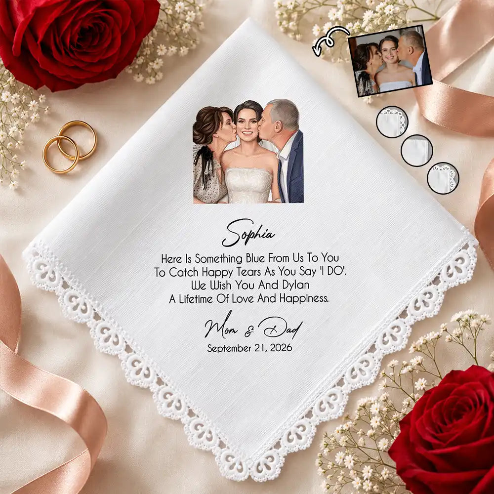 Custom Photo Semi Realistic Portrait Blue Wedding Bride Daughter - Personalized Handkerchief