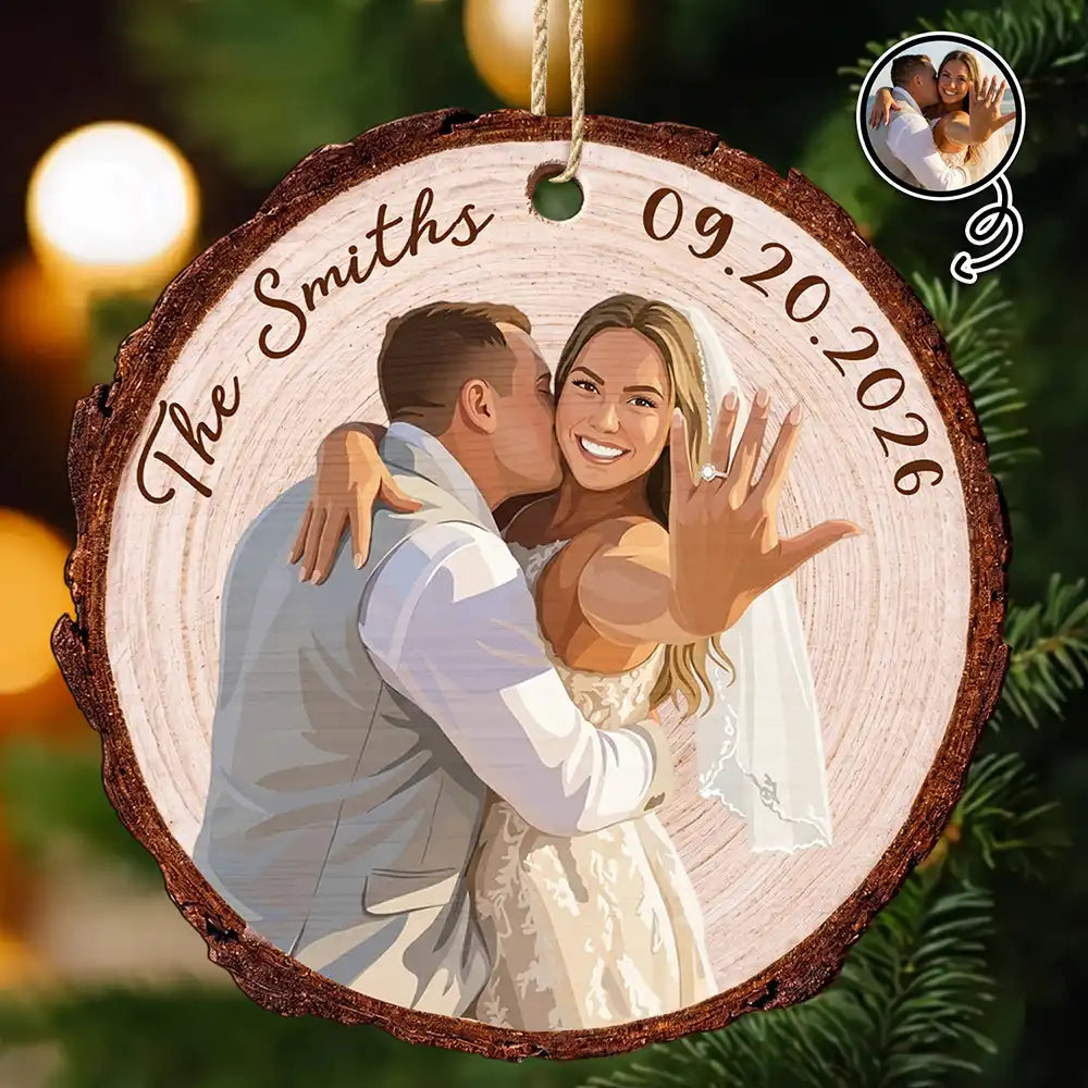 Art Design,Christmas,Married Couple,Gift For Couples,Photo - Semi Realistic Portrait,Happy - Custom Photo Semi Realistic Portrait Couple Romantic Portrait - Personalized Custom Shaped Wooden Ornament