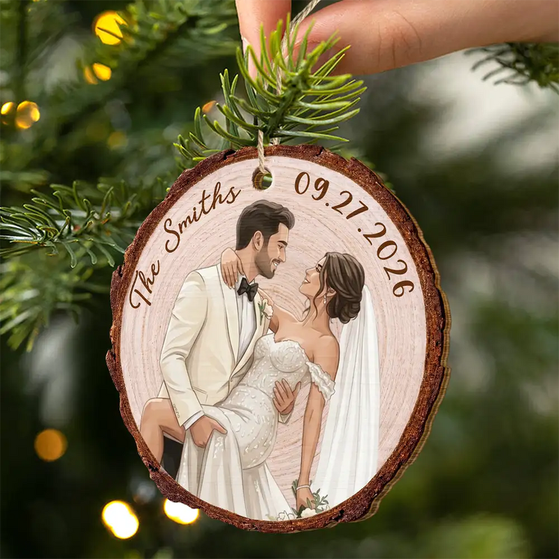 Art Design,Christmas,Married Couple,Gift For Couples,Photo - Semi Realistic Portrait,Happy - Custom Photo Semi Realistic Portrait Couple Romantic Portrait - Personalized Custom Shaped Wooden Ornament