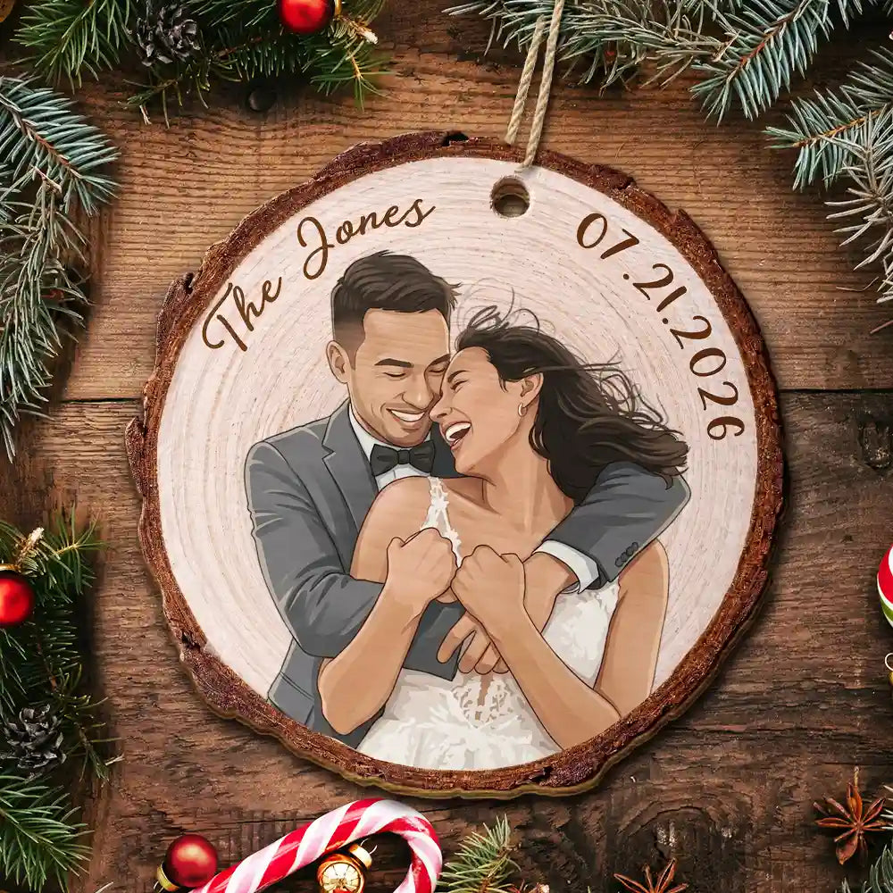 Art Design,Christmas,Married Couple,Gift For Couples,Photo - Semi Realistic Portrait,Happy - Custom Photo Semi Realistic Portrait Couple Romantic Portrait - Personalized Custom Shaped Wooden Ornament