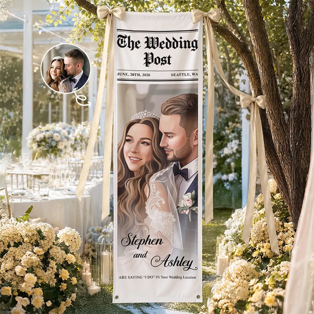 Custom Photo, Art Design, Gift For Couples, Engaged Couple, Wedding, Romantic, Photo - Semi Realistic Portrait - Custom Photo Semi Realistic Portrait Couple The Wedding Post - Personalized Vertical Banner