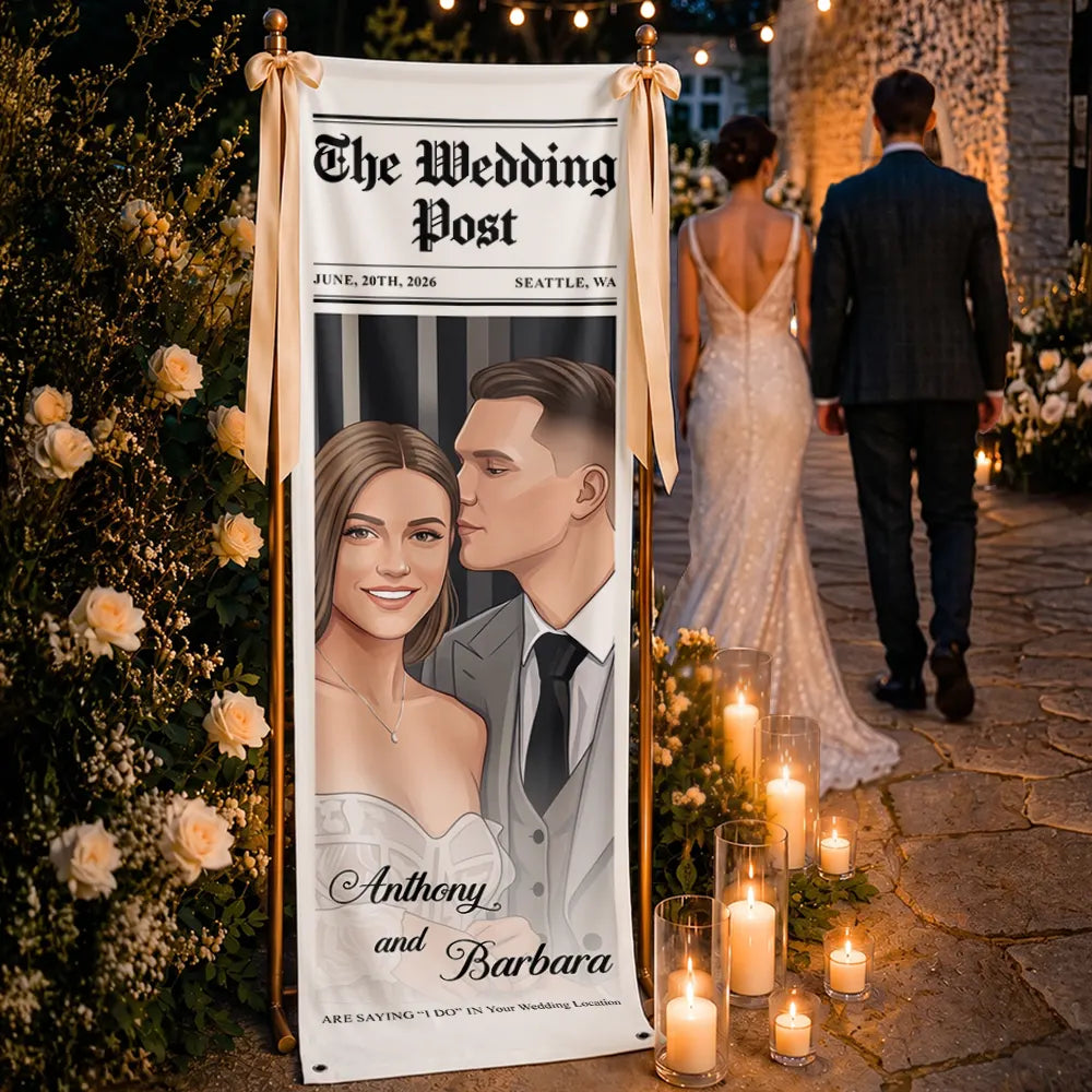 Custom Photo, Art Design, Gift For Couples, Engaged Couple, Wedding, Romantic, Photo - Semi Realistic Portrait - Custom Photo Semi Realistic Portrait Couple The Wedding Post - Personalized Vertical Banner