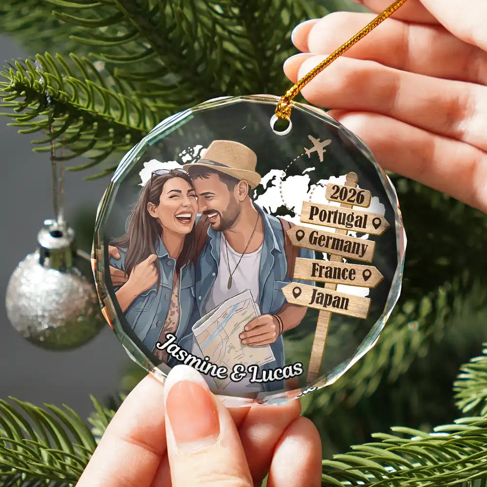 Travel,Art Design,Christmas,Romantic,Gift For Couples,Photo - Semi Realistic Portrait - Custom Photo Semi Realistic Portrait Couple Travel Memories - Personalized Circle Glass Ornament