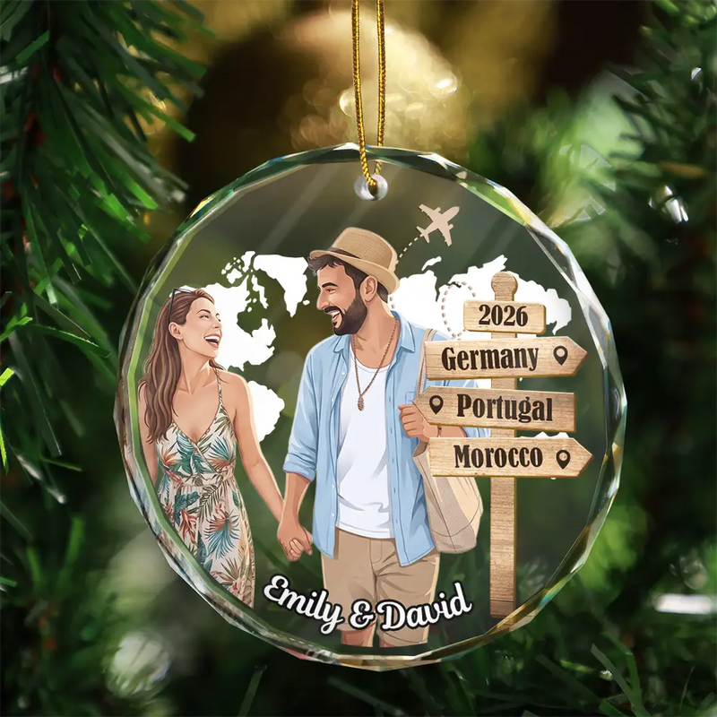 Travel,Art Design,Christmas,Romantic,Gift For Couples,Photo - Semi Realistic Portrait - Custom Photo Semi Realistic Portrait Couple Travel Memories - Personalized Circle Glass Ornament