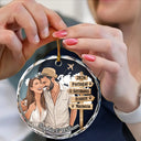 Travel,Art Design,Christmas,Romantic,Gift For Couples,Photo - Semi Realistic Portrait - Custom Photo Semi Realistic Portrait Couple Travel Memories - Personalized Circle Glass Ornament