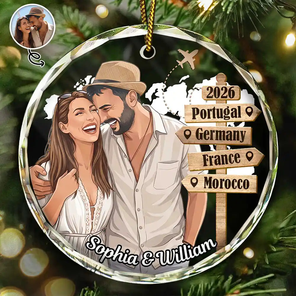 Custom Photo Semi Realistic Portrait Couple Travel Memories - Personalized Circle Glass Ornament
