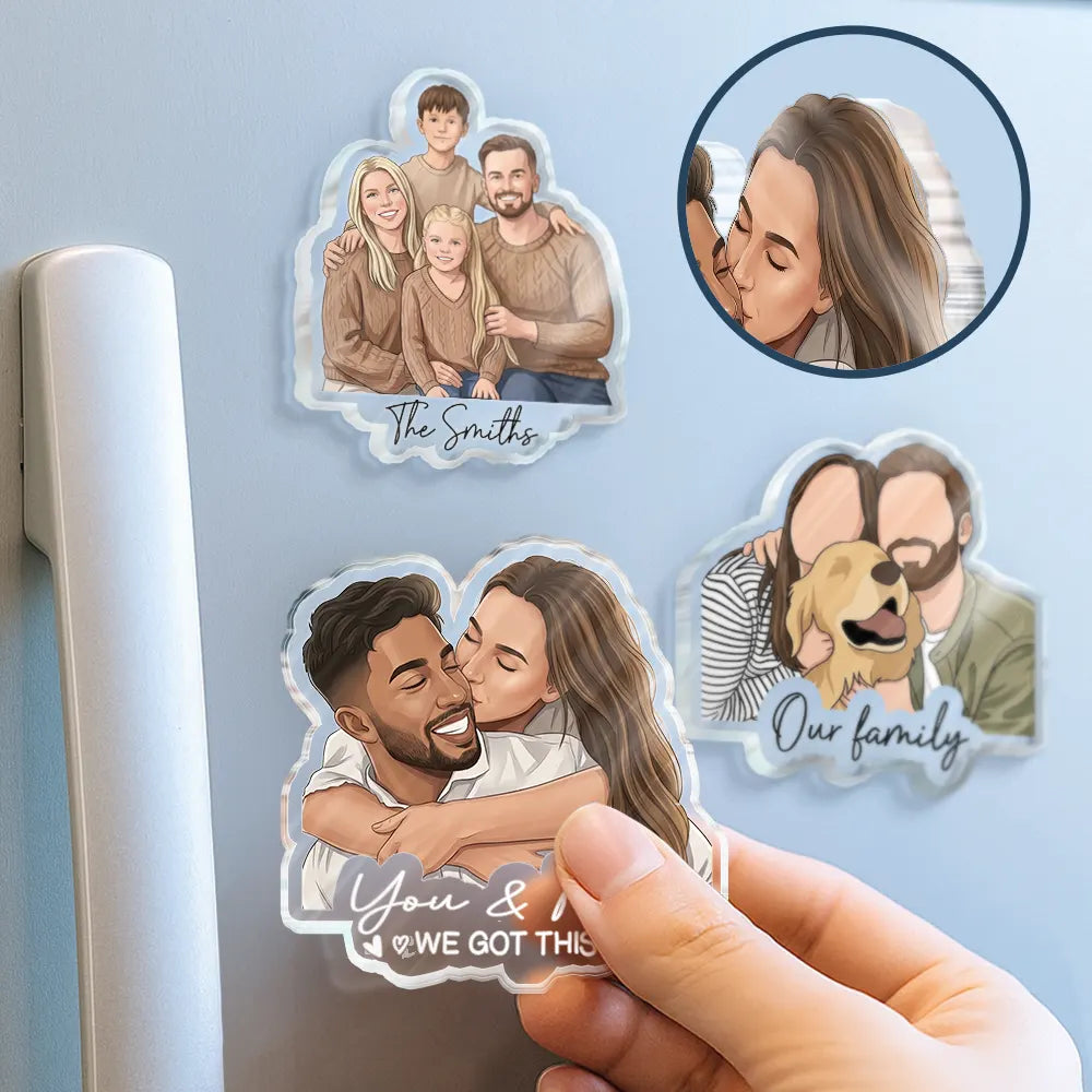 Custom Photo, Art Design, Family, Adorable, Photo - Semi Realistic Portrait - Custom Photo Semi Realistic Portrait Family Couple Pet Lovers Portrait - Personalized Acrylic Magnet