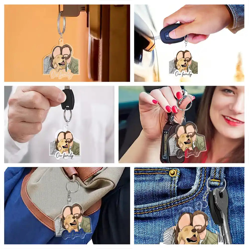 Custom Photo, Art Design, Family, Adorable, Photo - Semi Realistic Portrait - Custom Photo Semi Realistic Portrait Family Couple Pet Lovers Portrait - Personalized Acrylic Keychain