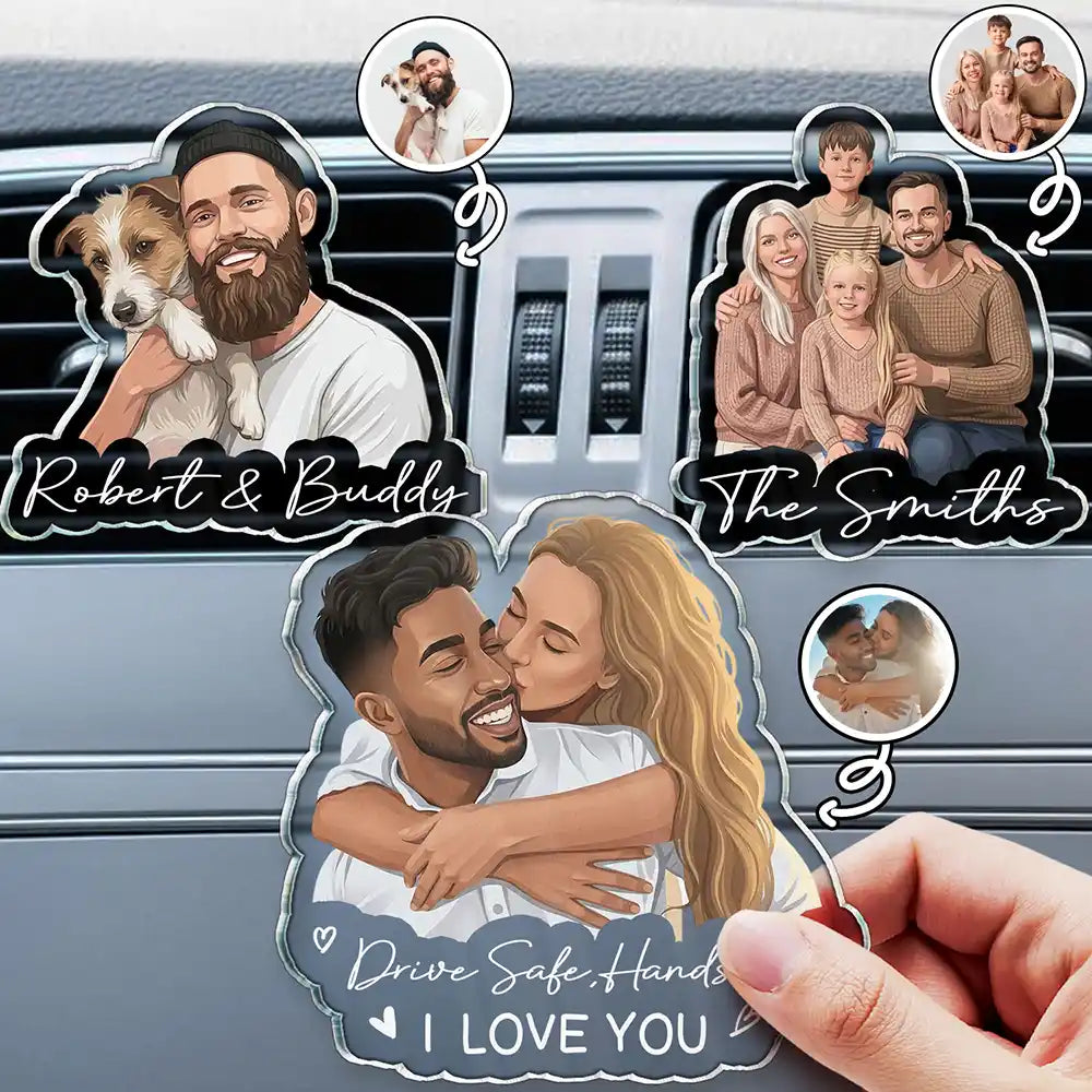 Custom Photo Semi Realistic Portrait Family Couple Pet Lovers Portrait - Personalized Acrylic Car Vent Clip