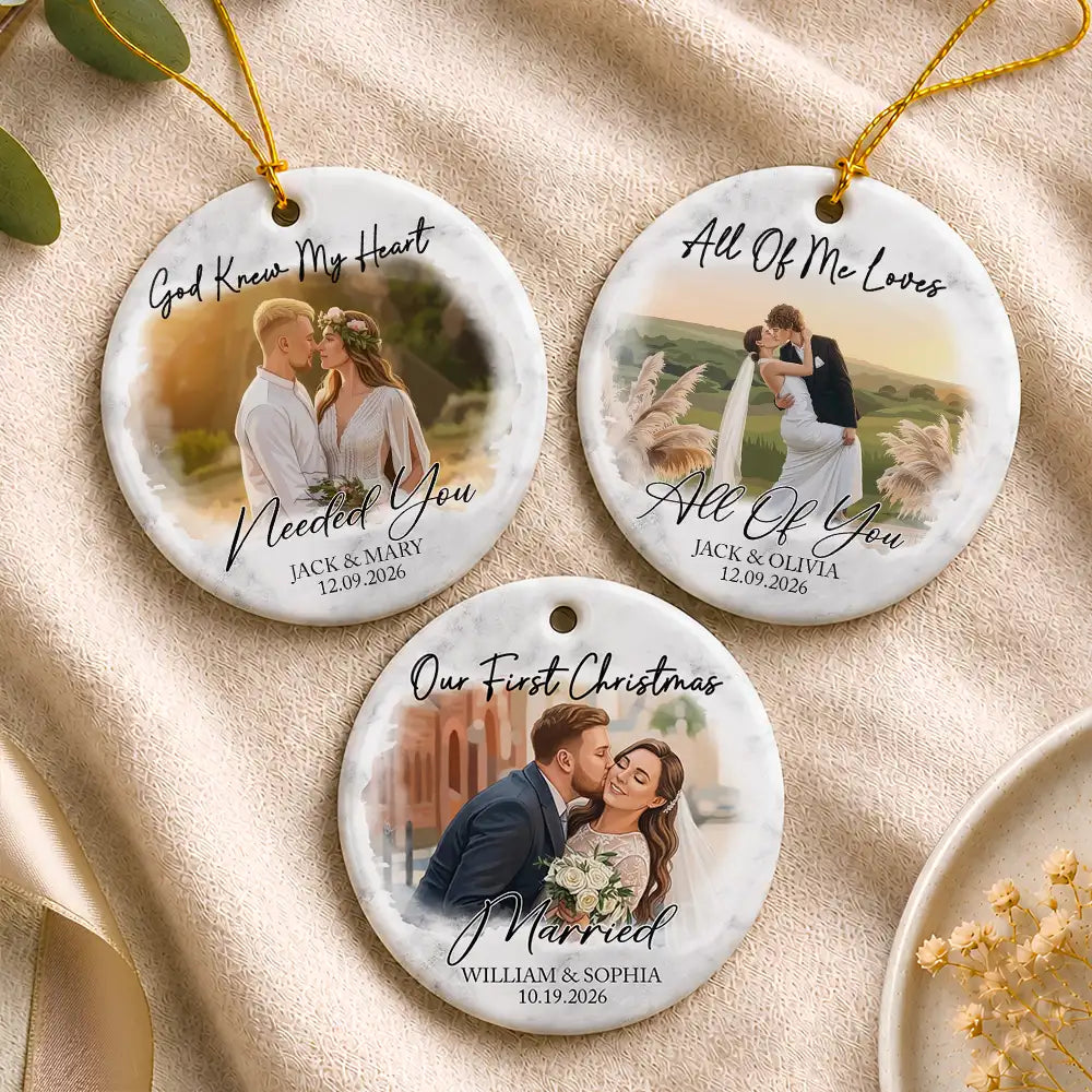 Art Design,Christmas,Married Couple,Romantic,Gift For Couples,Photo - Semi Realistic Portrait - Custom Photo Semi Realistic Portrait First Christmas As Mr & Mrs Couples - Personalized Circle Ceramic Ornament