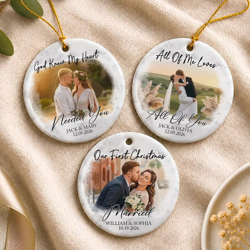 Art Design,Christmas,Married Couple,Romantic,Gift For Couples,Photo - Semi Realistic Portrait - Custom Photo Semi Realistic Portrait First Christmas As Mr & Mrs Couples - Personalized Circle Ceramic Ornament