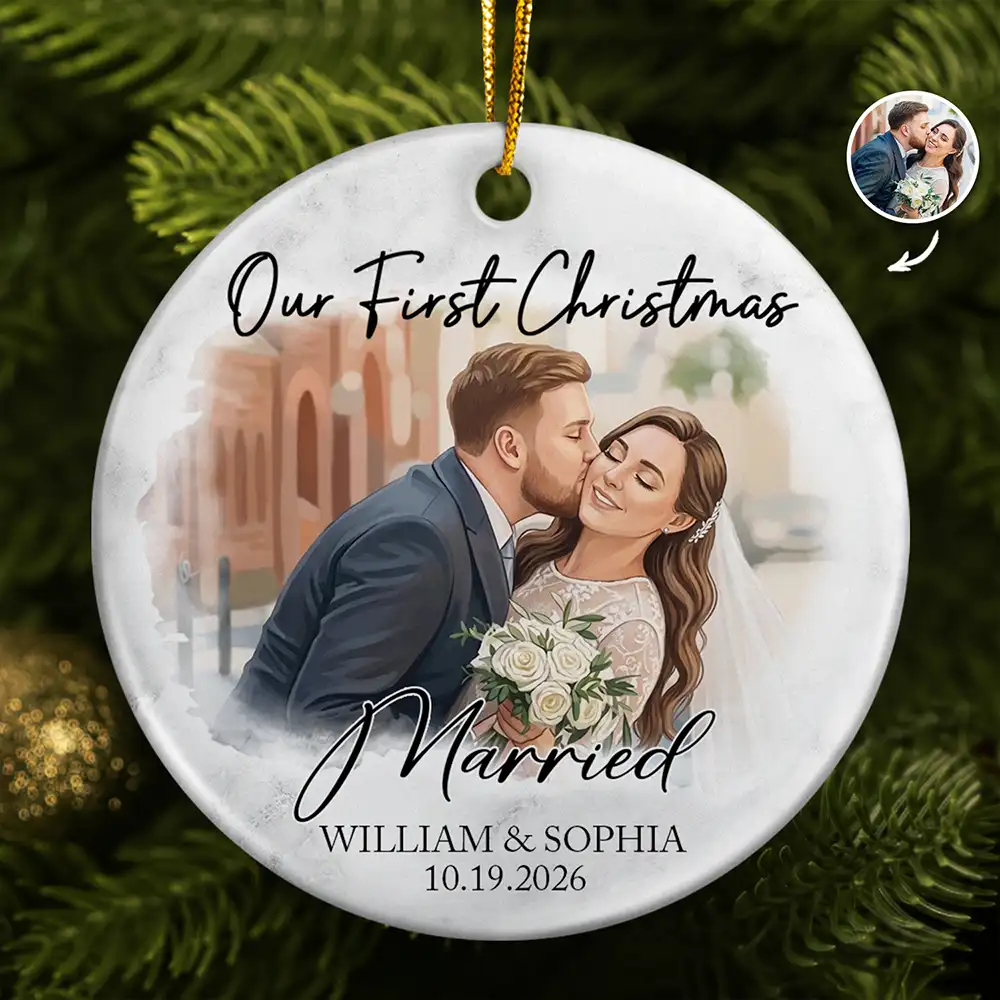 Art Design,Christmas,Married Couple,Romantic,Gift For Couples,Photo - Semi Realistic Portrait - Custom Photo Semi Realistic Portrait First Christmas As Mr & Mrs Couples - Personalized Circle Ceramic Ornament