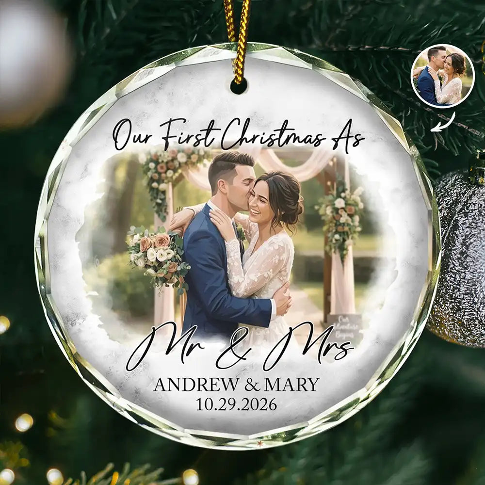 Art Design, Christmas, Married Couple, Romantic, Gift For Couples, Photo - Semi Realistic Portrait - Custom Photo Semi Realistic Portrait First Christmas As Mr & Mrs Couples - Personalized Glass Ornament