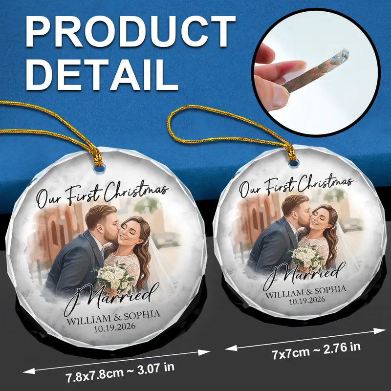 Art Design, Christmas, Married Couple, Romantic, Gift For Couples, Photo - Semi Realistic Portrait - Custom Photo Semi Realistic Portrait First Christmas As Mr & Mrs Couples - Personalized Glass Ornament