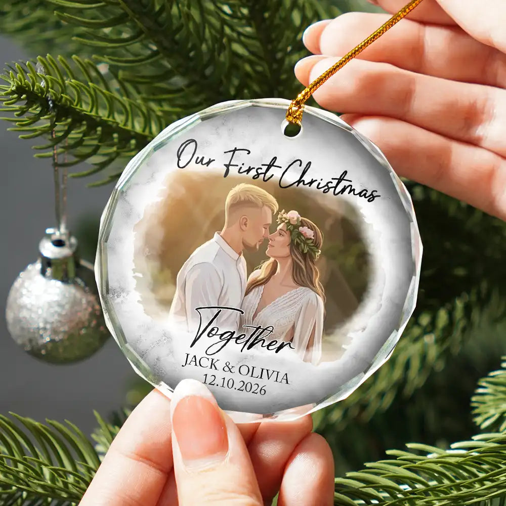 Art Design, Christmas, Married Couple, Romantic, Gift For Couples, Photo - Semi Realistic Portrait - Custom Photo Semi Realistic Portrait First Christmas As Mr & Mrs Couples - Personalized Glass Ornament