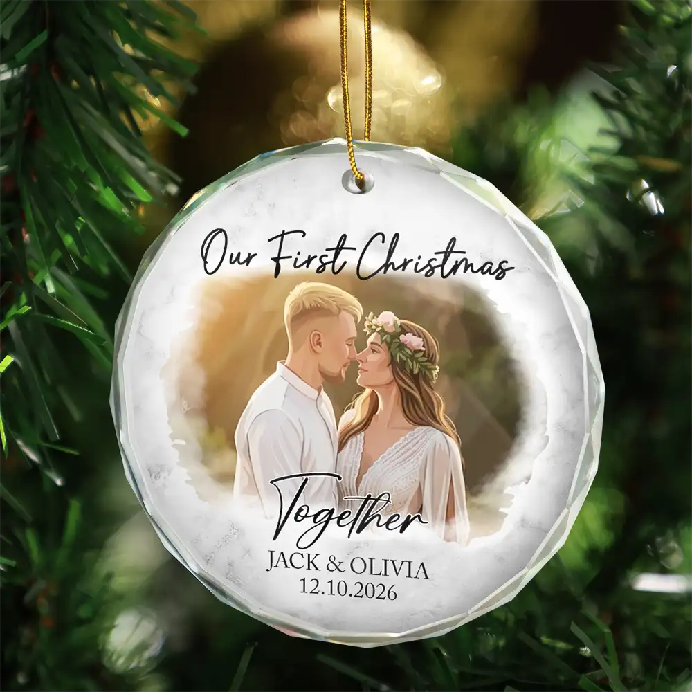Art Design, Christmas, Married Couple, Romantic, Gift For Couples, Photo - Semi Realistic Portrait - Custom Photo Semi Realistic Portrait First Christmas As Mr & Mrs Couples - Personalized Glass Ornament